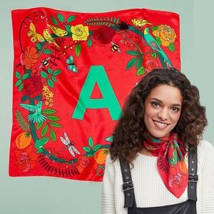 Anthropologie Silk Monogram "A" Red Scarf 25.5"